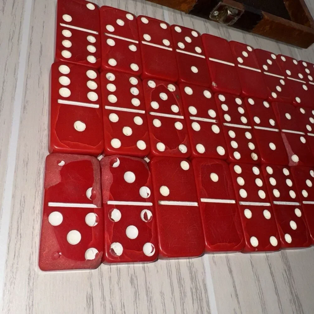 Vintage Red Dominoes Tile Game Set w/ Vinyl Wooden Case, Dot Numbered Pieces